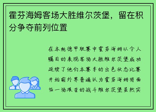 霍芬海姆客场大胜维尔茨堡，留在积分争夺前列位置