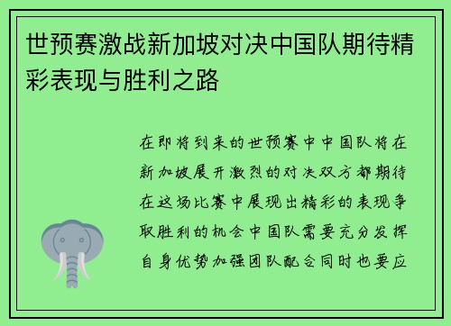 世预赛激战新加坡对决中国队期待精彩表现与胜利之路